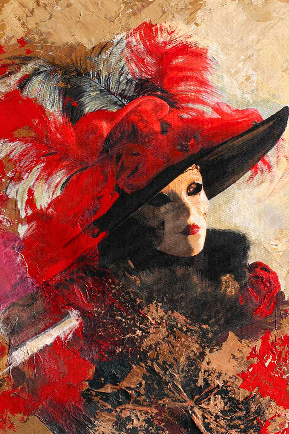 Red Feather Hat Mixed Media